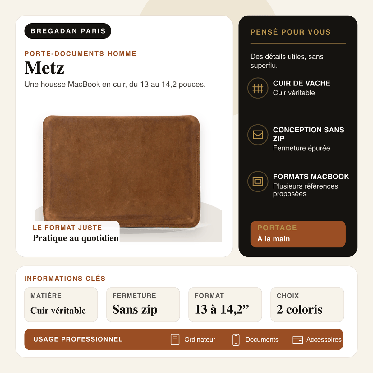 Metz — infographie Bregadan V3 : une housse macbook en cuir, du 13 au 14,2 pouces, matière Cuir véritable, fermeture