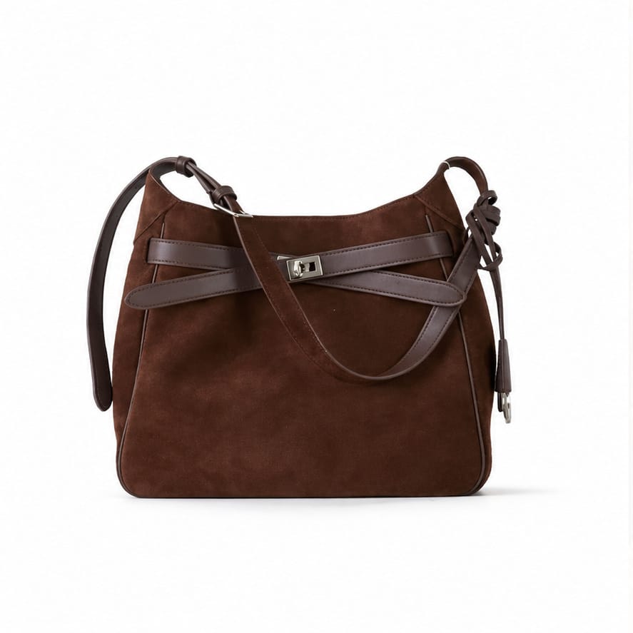 Nice — Format seau — Liens noués — Daim café — sac seul sur fond blanc