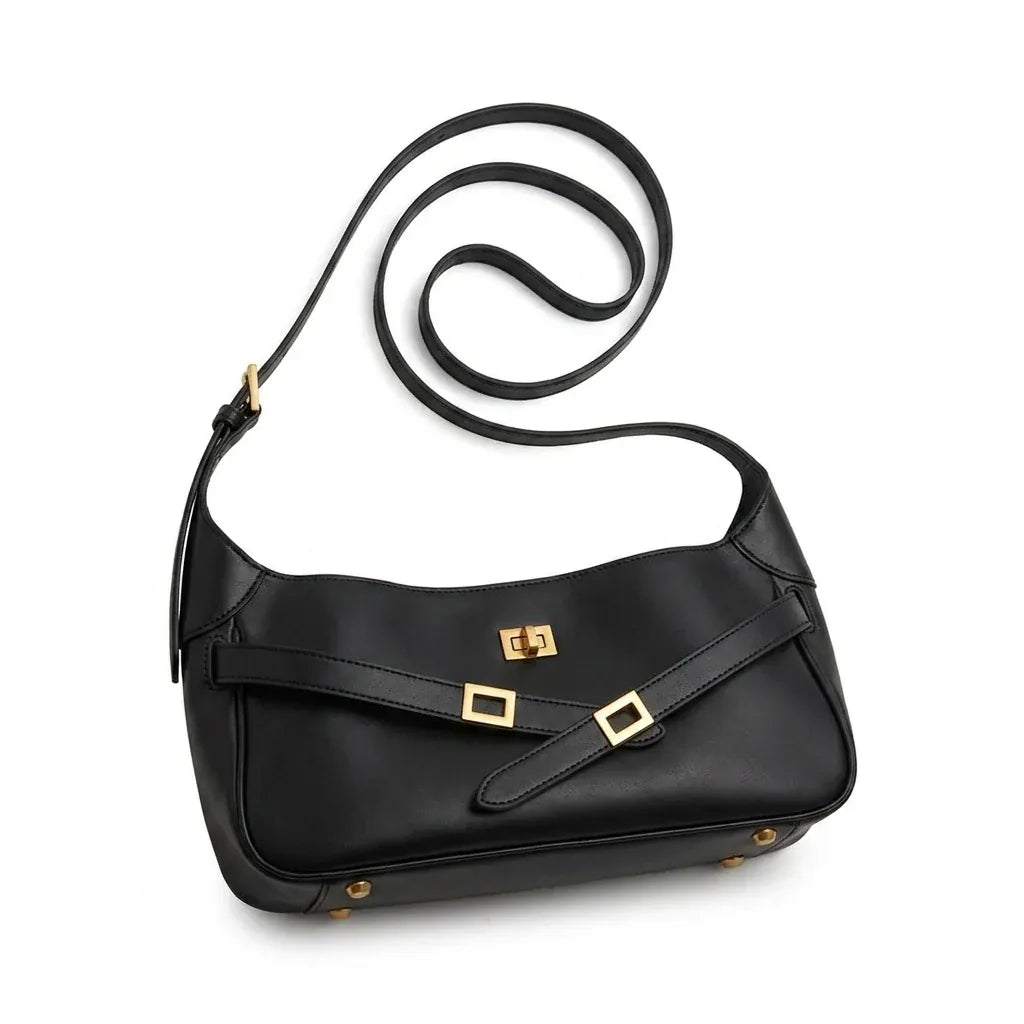 Nice - Cabas en croûte de cuir, boucle ceinture - packshot sur fond blanc, coloris noir