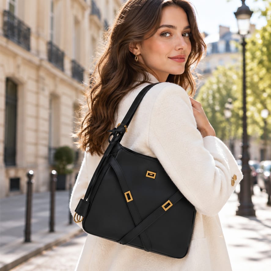 Nice — Format seau — Sangles croisées — Noir et doré — sac porté à l’épaule