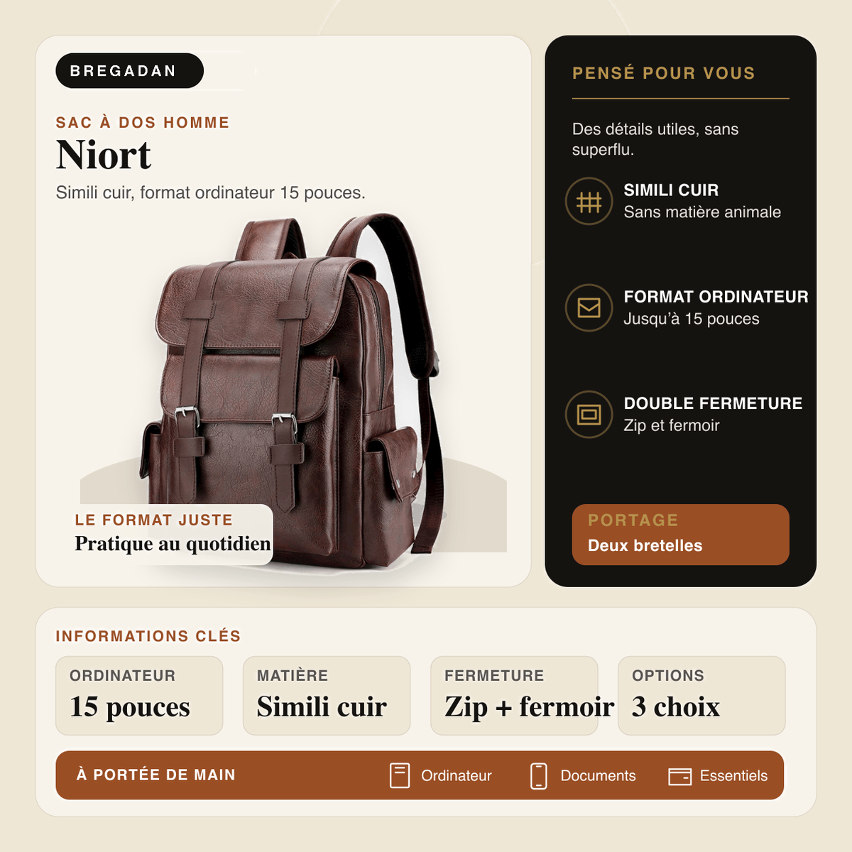 Niort — infographie Bregadan V3 : sac à dos en simili cuir pour ordinateur 15 pouces, fermeture zip et fermoir.