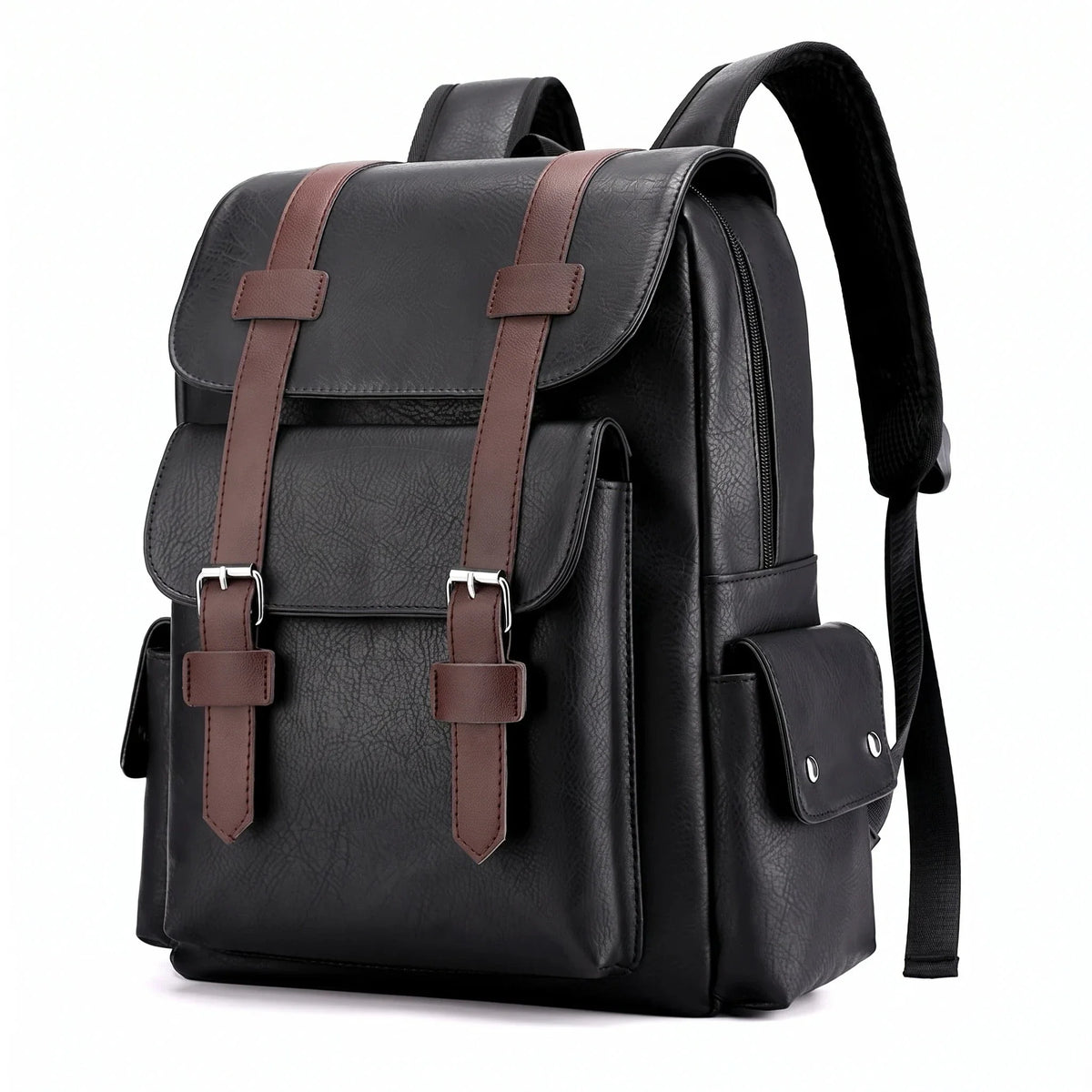 Niort - Sac à dos simili cuir, ordinateur 15 pouces, packshot sur fond blanc, coloris noir