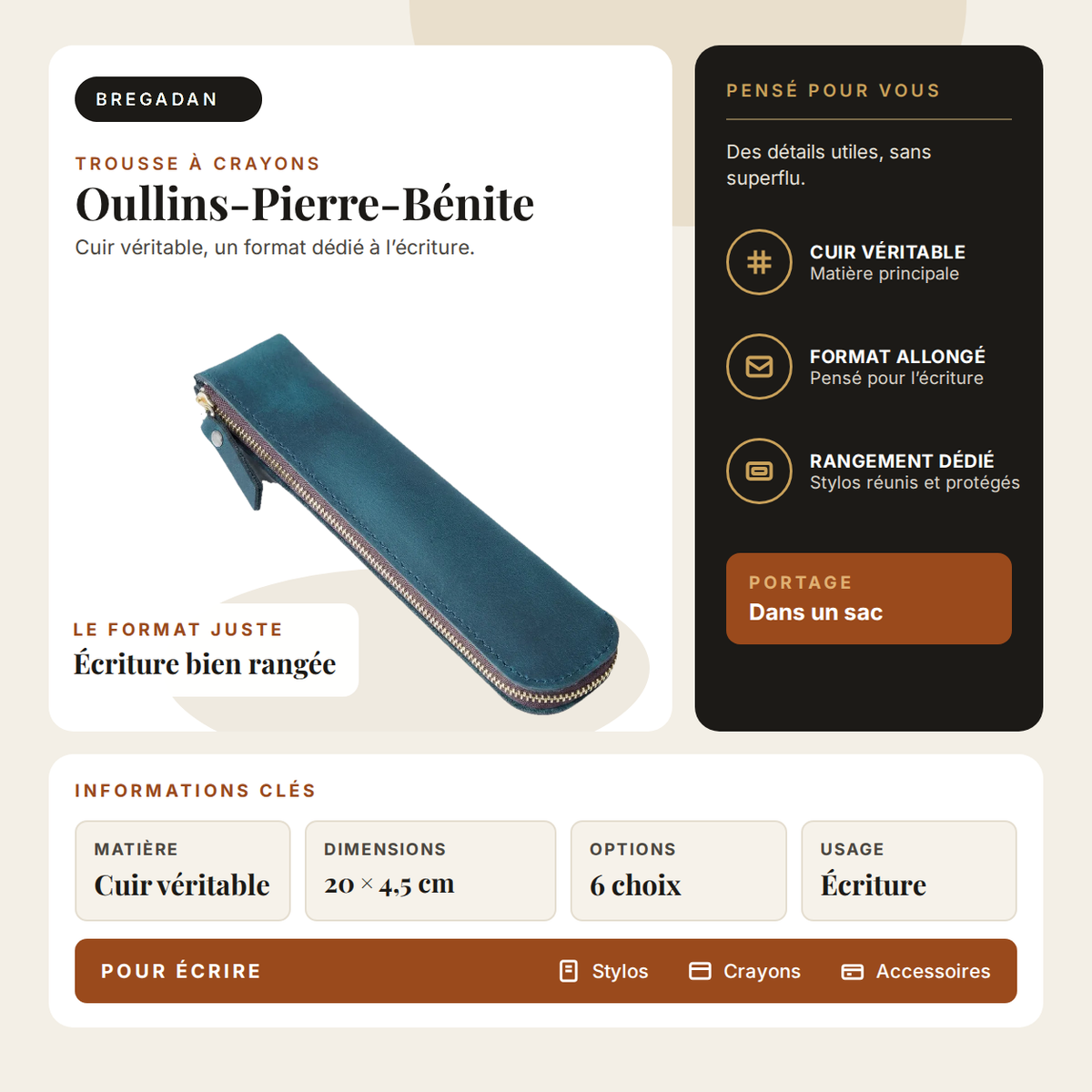 Oullins-Pierre-Bénite — infographie Bregadan V3 : cuir véritable, un format dédié à l’écriture, 20 × 4,5 cm, 6 choix de couleur