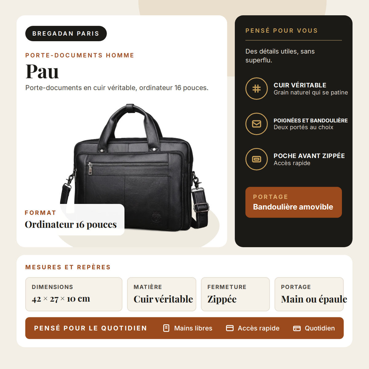 Pau — infographie Bregadan V3 : un porte-documents en cuir pour ordinateur 16 pouces, matière Cuir véritable
