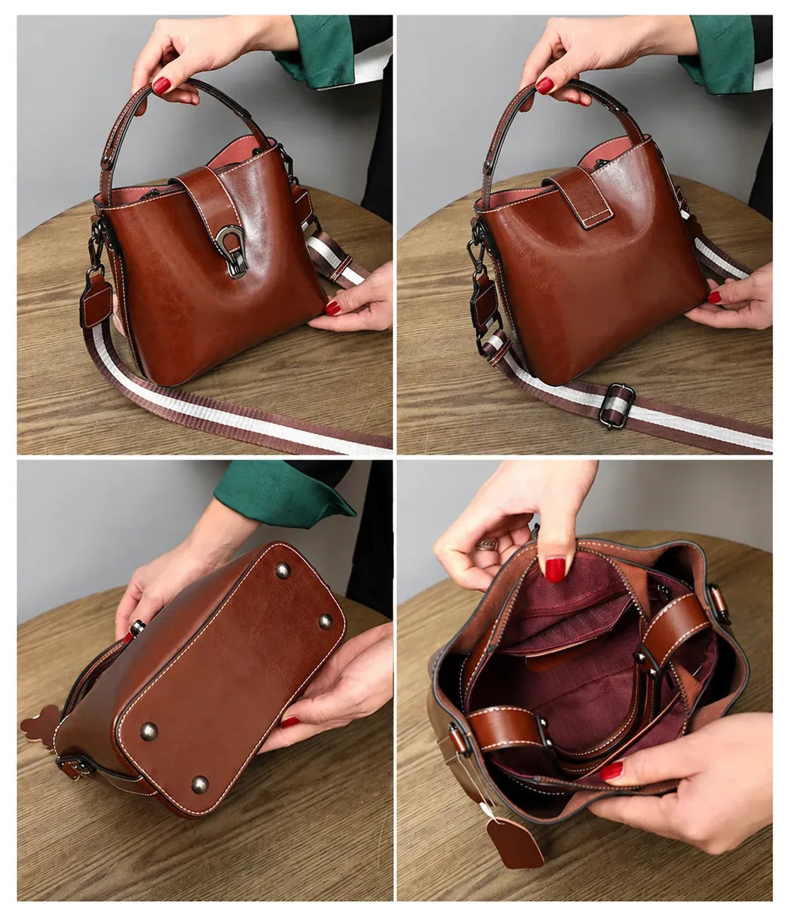 Rezé, détails du sac seau, anses, fond et intérieur