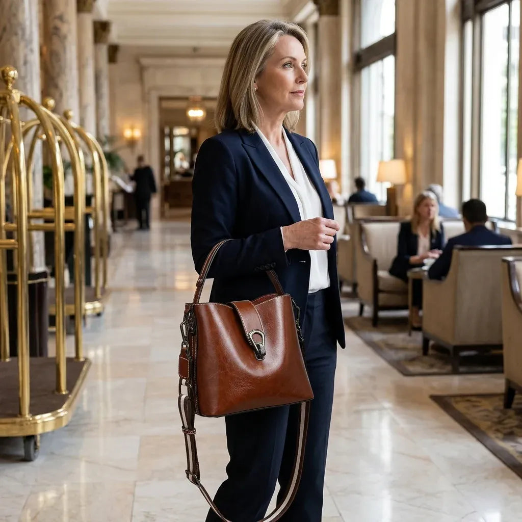 Rezé - Sac seau en cuir véritable ciré à l'huile - mise en situation, coloris brun