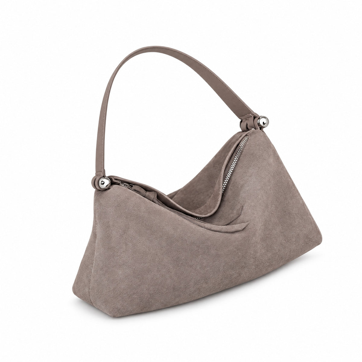 Saint-Louis — sac en daim gris taupe seul sur fond blanc