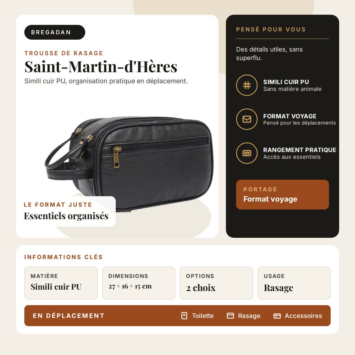 Saint-Martin-d'Hères — infographie Bregadan V3 : trousse de rasage simili cuir PU, dimensions 27 × 16 × 15 cm, organisation pratique en déplacement