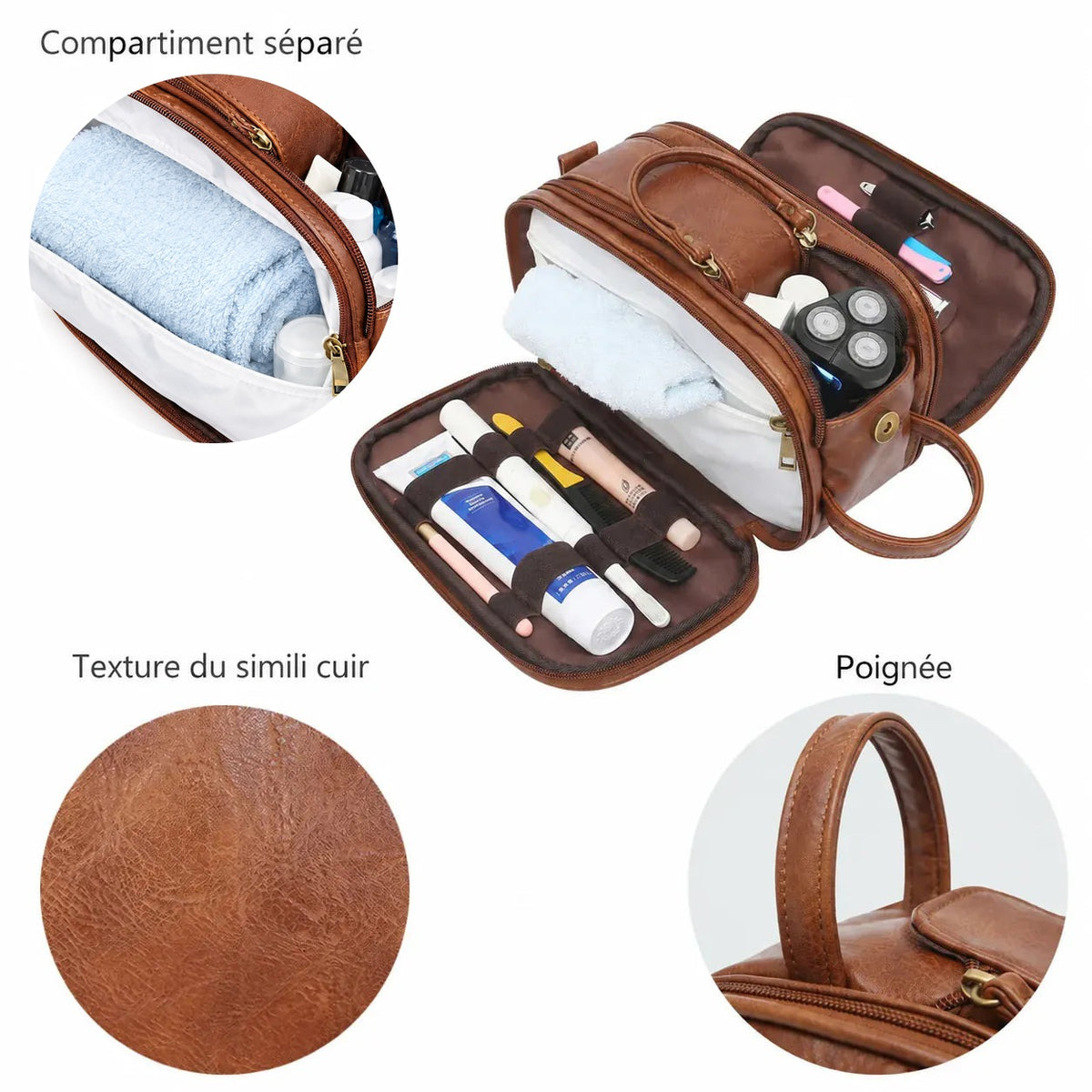 Trousse Saint-Martin-d’Hères marron : compartiment séparé, texture du simili cuir et poignée
