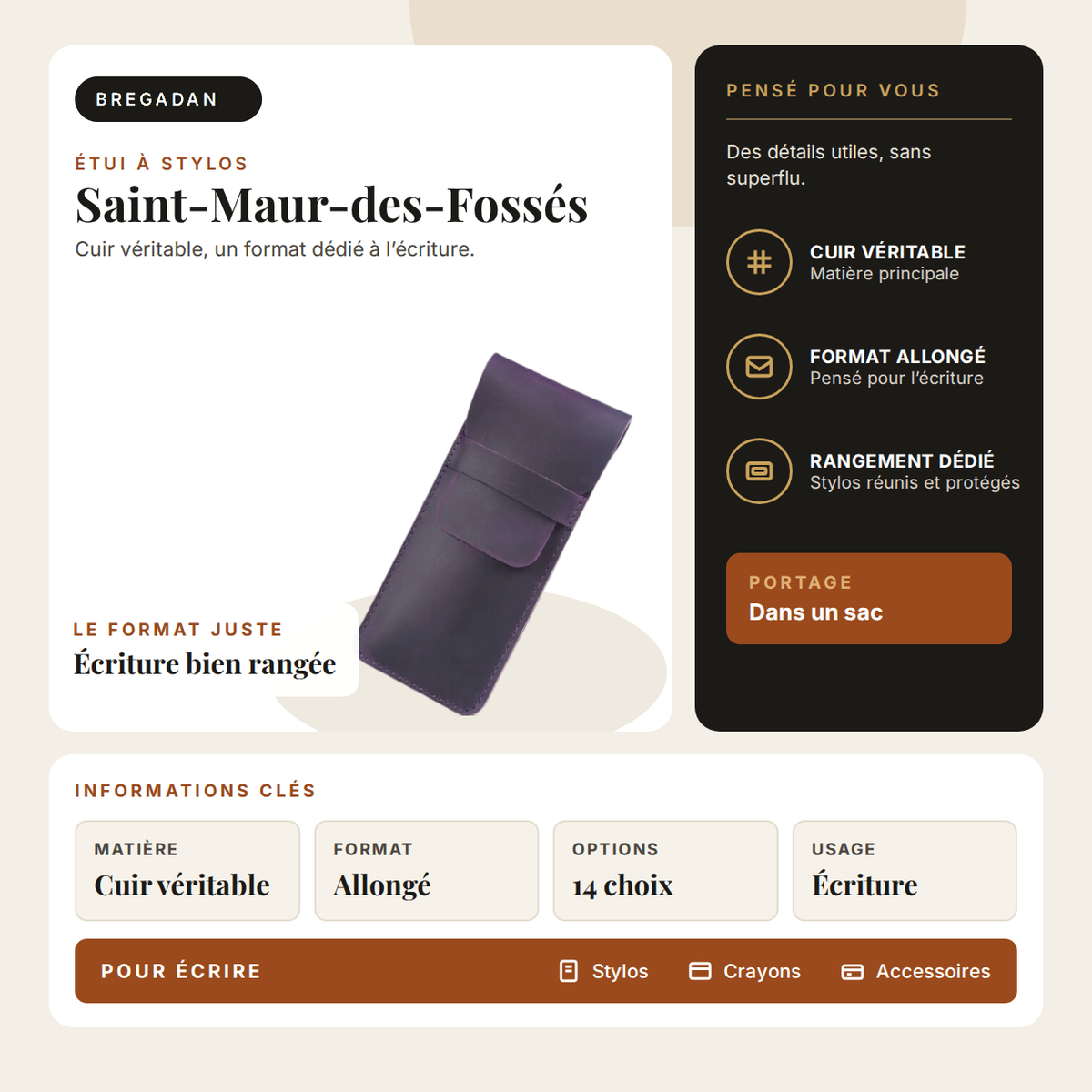 Saint-Maur-des-Fossés — infographie Bregadan V3 : cuir véritable, un format dédié à l’écriture, matière Cuir