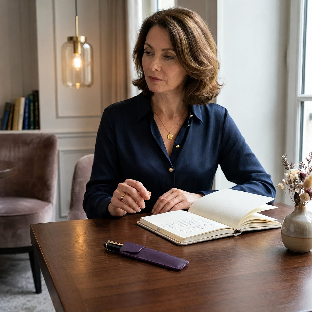 Saint-Maur-des-Fossés - Porte-stylo plume en cuir véritable, fait main - mise en situation, coloris violet clair