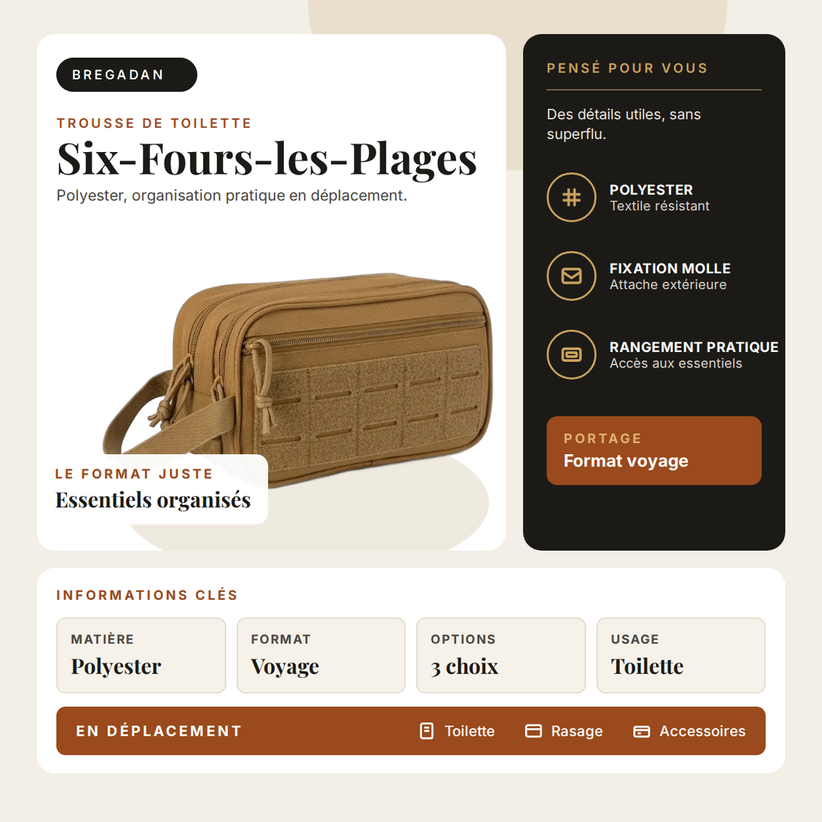 Six-Fours-les-Plages — infographie Bregadan V3 : polyester, organisation pratique en déplacement, matière Polyester