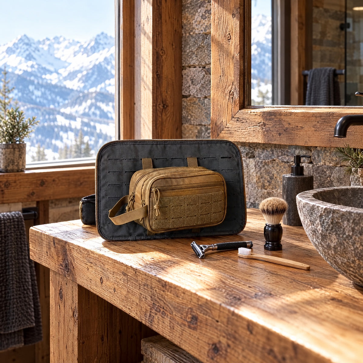 Six-Fours-les-Plages - Trousse de toilette tactique, fixation Molle - mise en situation, coloris kaki