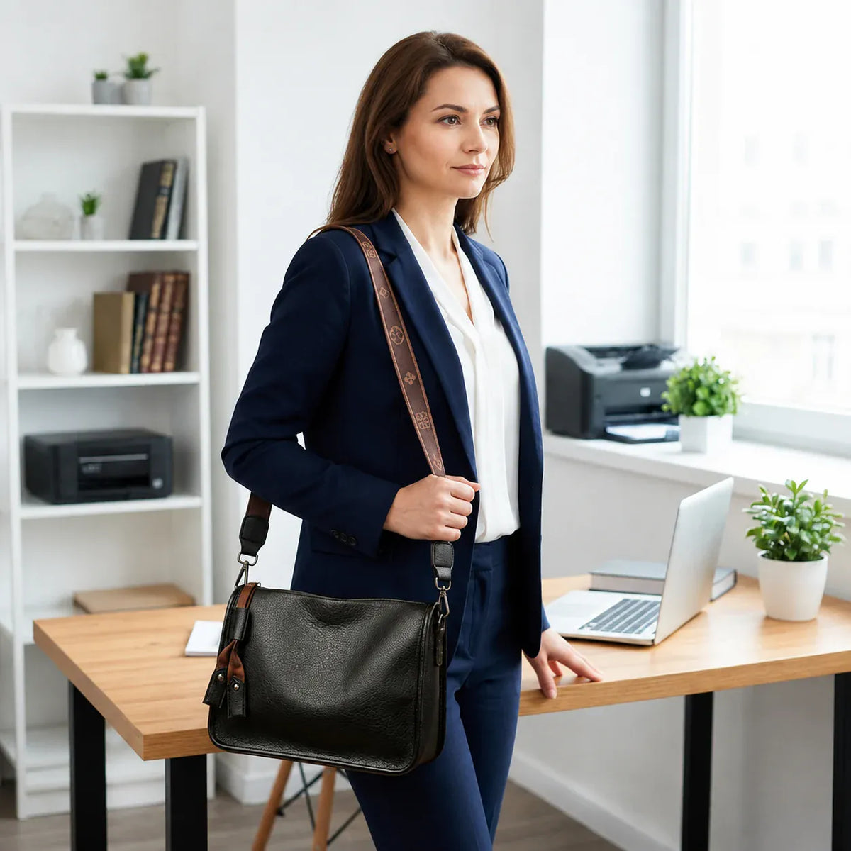 Strasbourg - sac bandoulière noir porté par une femme au bureau