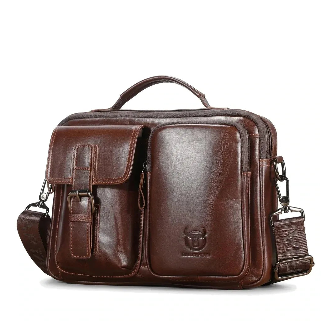 Thionville - Sacoche bandoulière en cuir véritable, format porte-documents - packshot sur fond blanc, coloris brun foncé