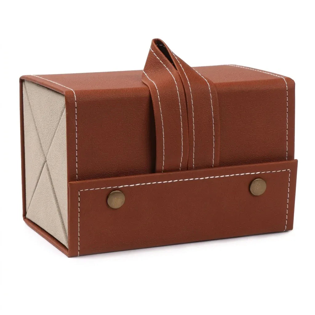 Tourcoing - Organisateur à lunettes simili cuir, plusieurs paires, packshot sur fond blanc, coloris brun, quatre emplacements