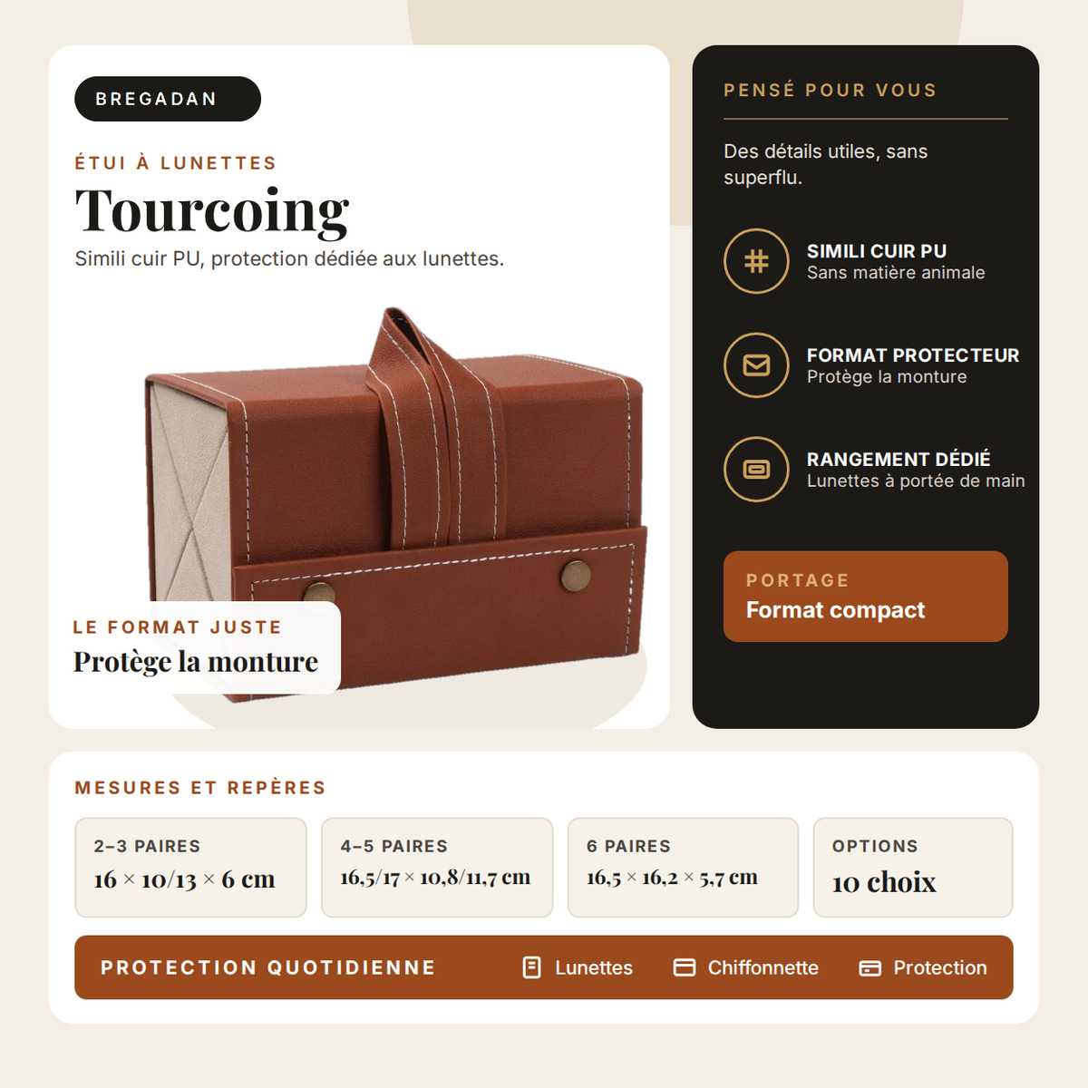 Tourcoing — infographie Bregadan V3 : simili cuir pu, protection dédiée aux lunettes, 2–3 paires 16 × 10/13 × 6 cm