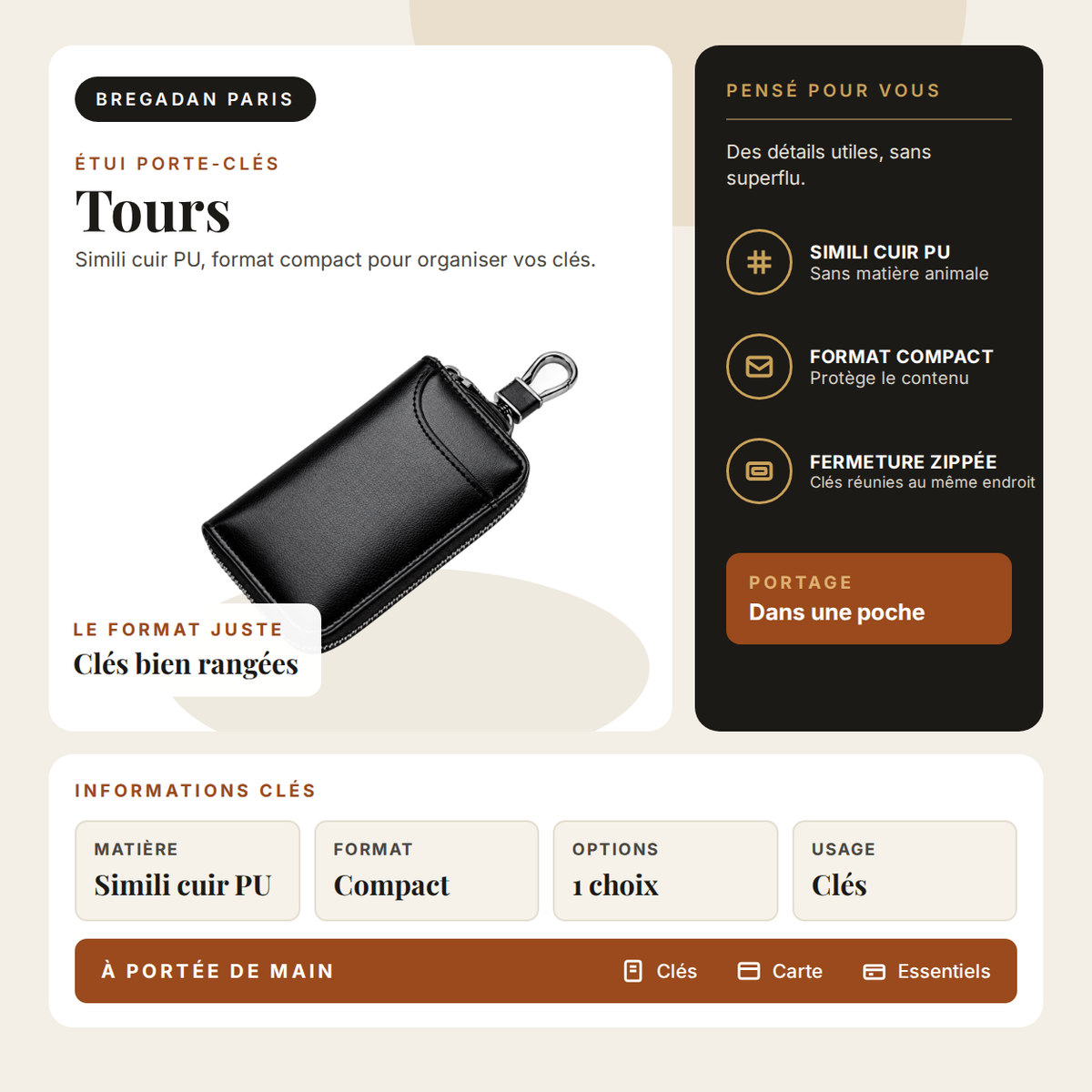 Tours — infographie Bregadan V3 : simili cuir pu, format compact pour organiser vos clés, matière Simili cuir PU