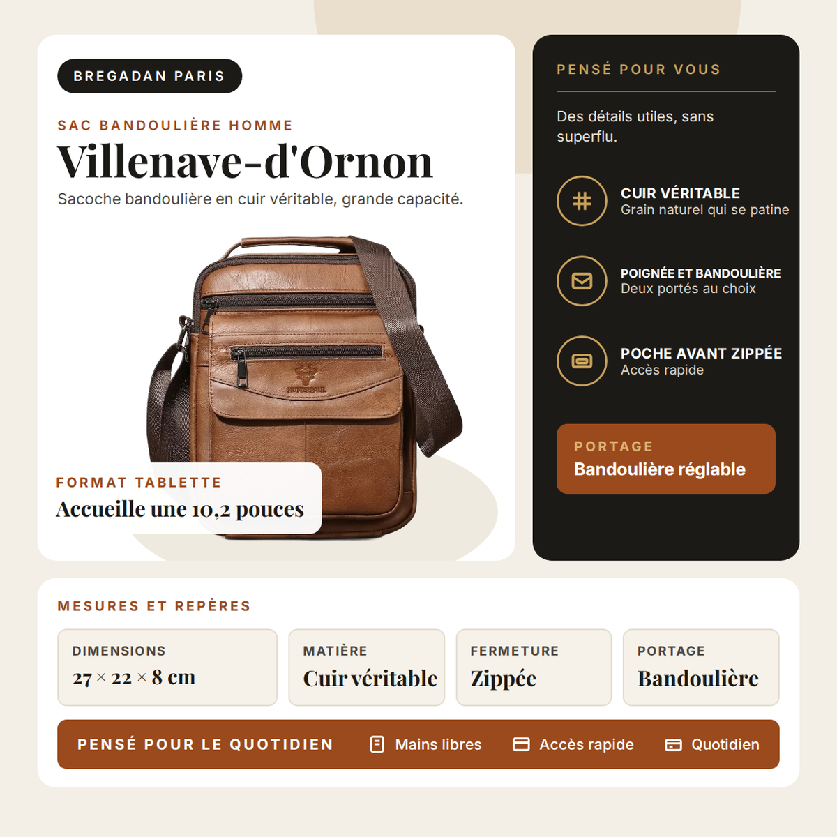 Villenave-d'Ornon — infographie Bregadan : sacoche bandoulière en cuir véritable, 27 × 22 × 8 cm, accueille une tablette 10,2 pouces