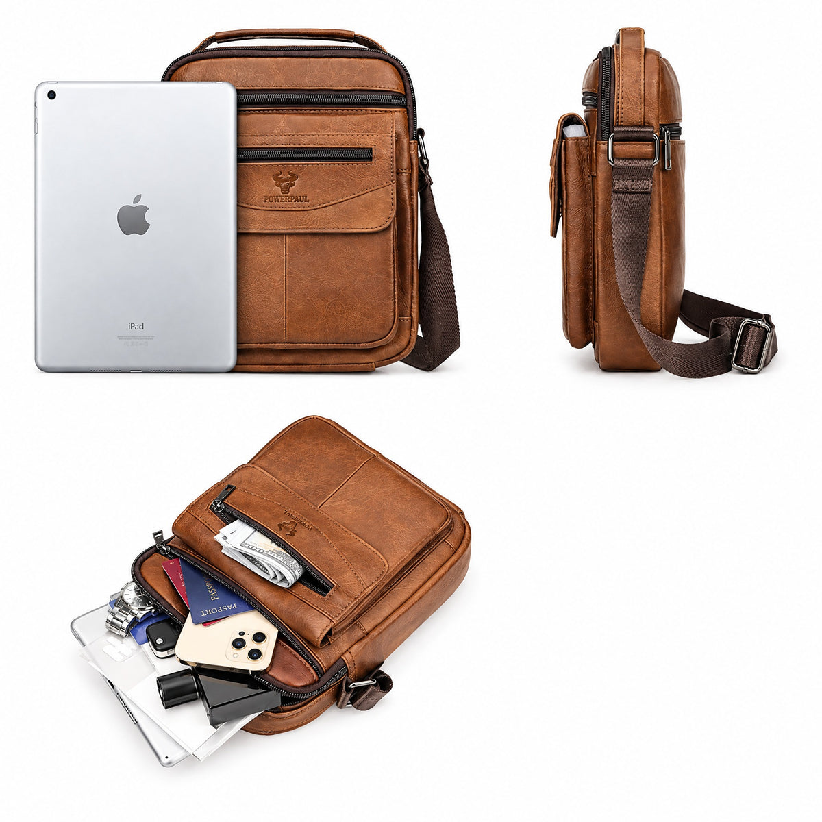Sacoche bandoulière cuir Villenave-d'Ornon brun cognac : vue de face à côté d'une tablette, vue de profil et sac ouvert avec portefeuille, téléphone et passeport