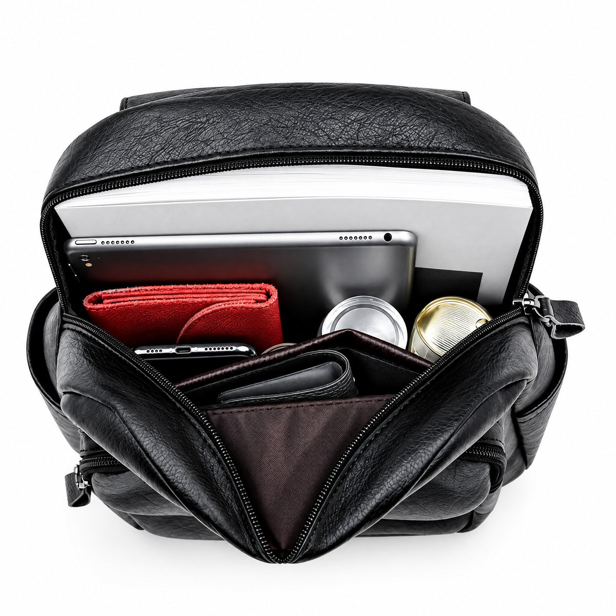 Sac à dos scolaire Villeneuve-d'Ascq noir ouvert vu de dessus : intérieur avec cahier, tablette, portefeuille et trousse