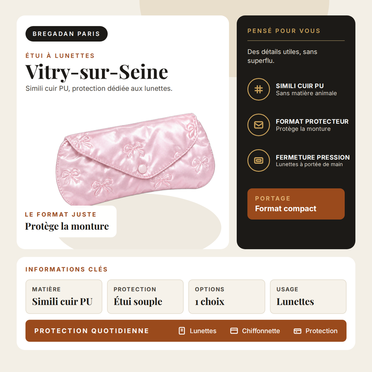 Vitry-sur-Seine — infographie Bregadan V3 : simili cuir pu, protection dédiée aux lunettes, matière Simili cuir PU