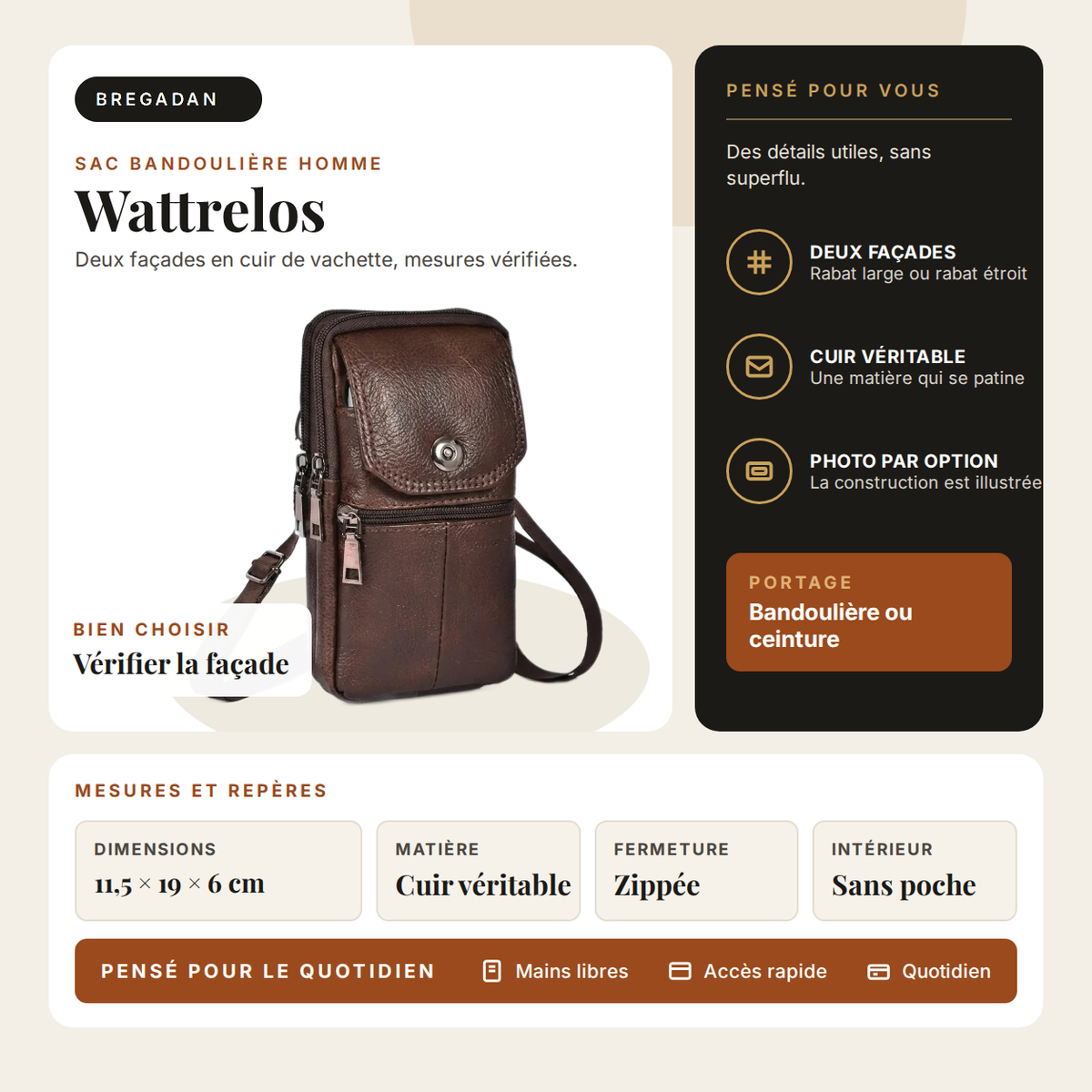 Wattrelos, infographie : dimensions 11,5 × 19 × 6 cm, cuir véritable, fermeture zippée