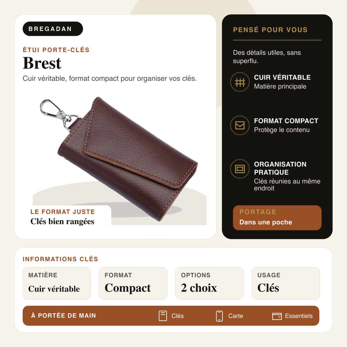 Brest — infographie Bregadan V3 : cuir véritable, format compact pour organiser vos clés, matière Cuir véritable