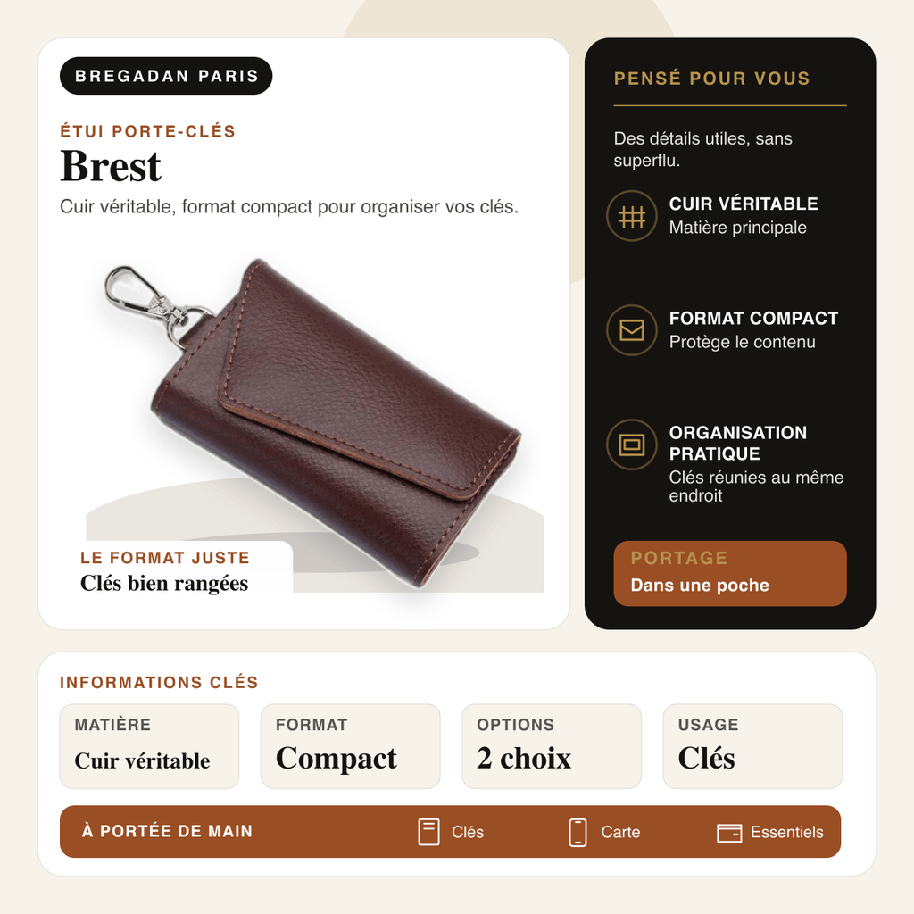 Brest — infographie Bregadan V3 : cuir véritable, format compact pour organiser vos clés, matière Cuir véritable
