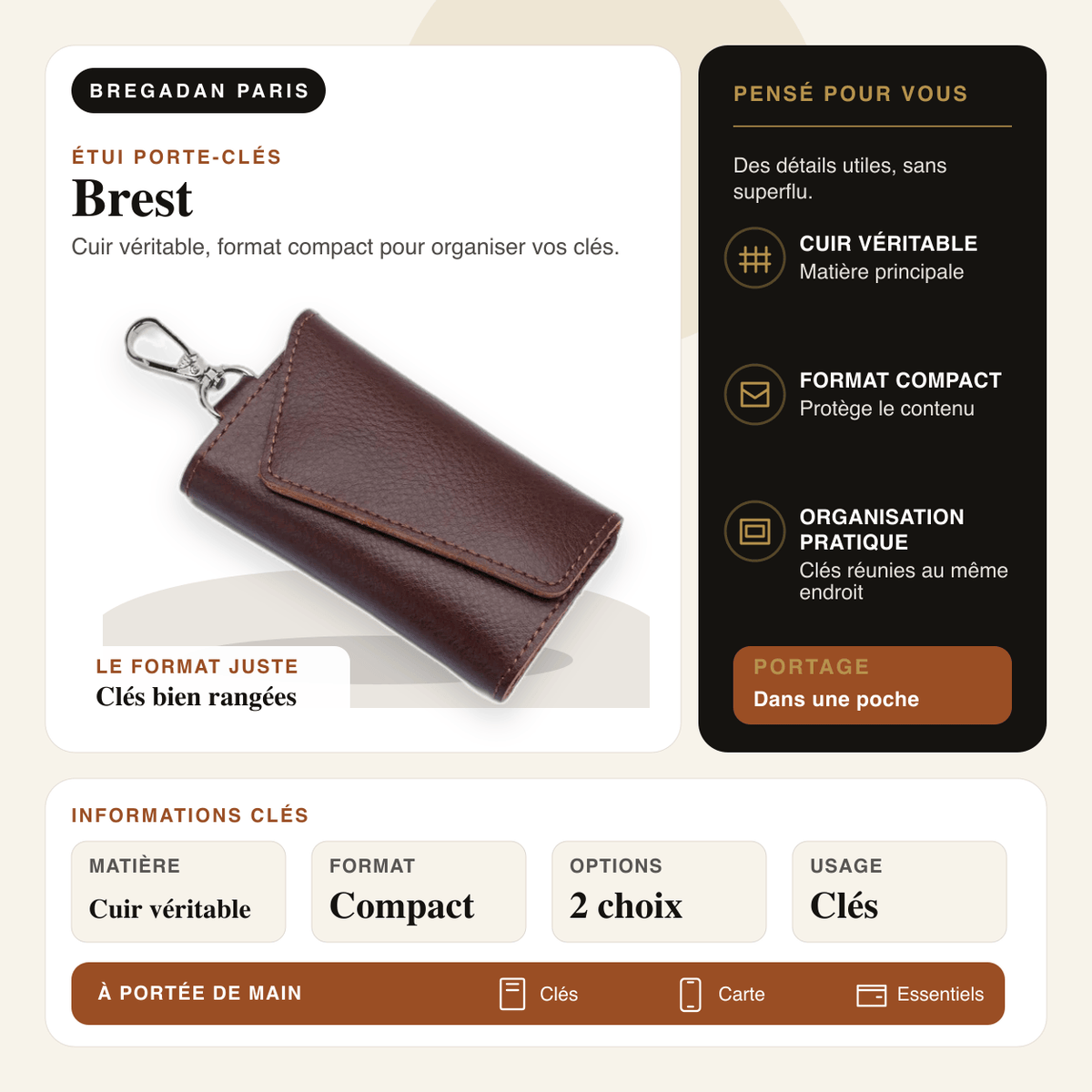 Brest — infographie Bregadan V3 : cuir véritable, format compact pour organiser vos clés, matière Cuir véritable