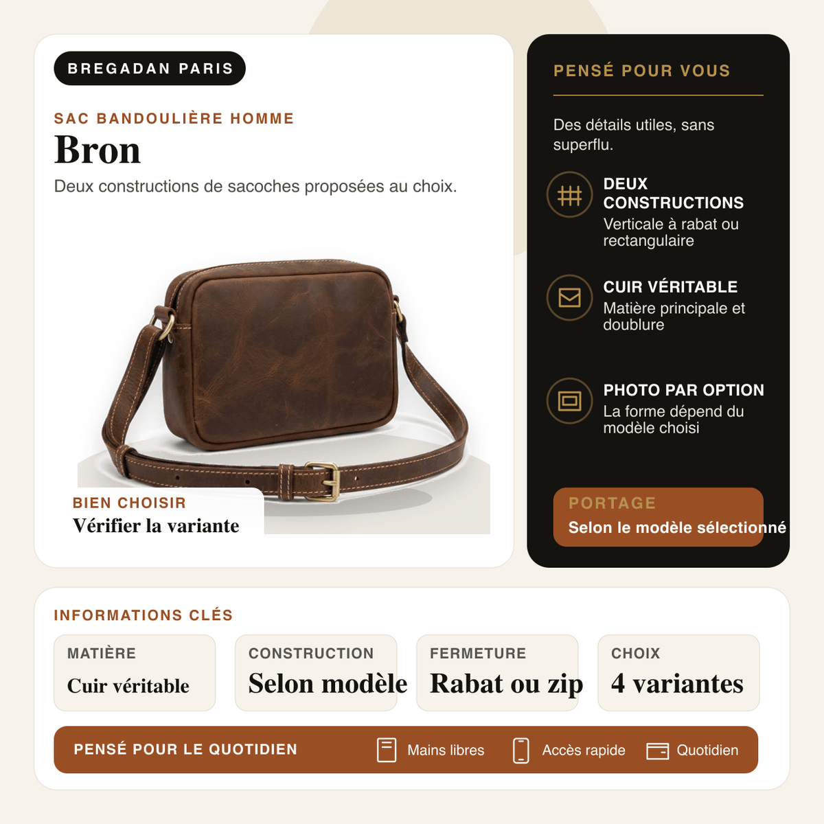 Bron — infographie Bregadan V3 : Deux constructions de sacoches proposées au choix; matière Cuir véritable