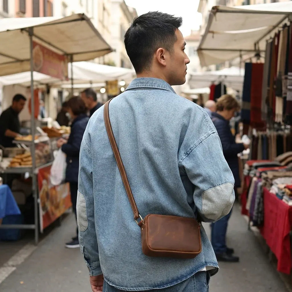 Bron — sacoche en cuir, modèle rectangulaire zippé, porté en bandoulière