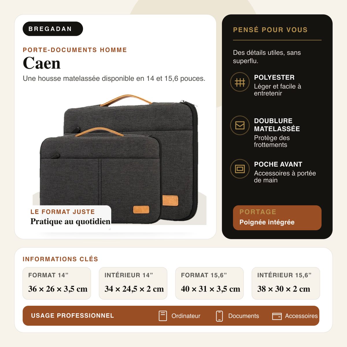 Caen — infographie Bregadan V3 : une housse matelassée disponible en 14 et 15,6 pouces, format 14” 36 × 26 × 3,5 cm