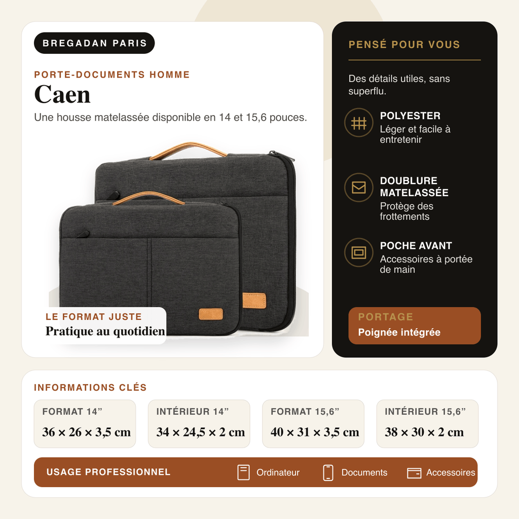 Caen — infographie Bregadan V3 : une housse matelassée disponible en 14 et 15,6 pouces, format 14” 36 × 26 × 3,5 cm