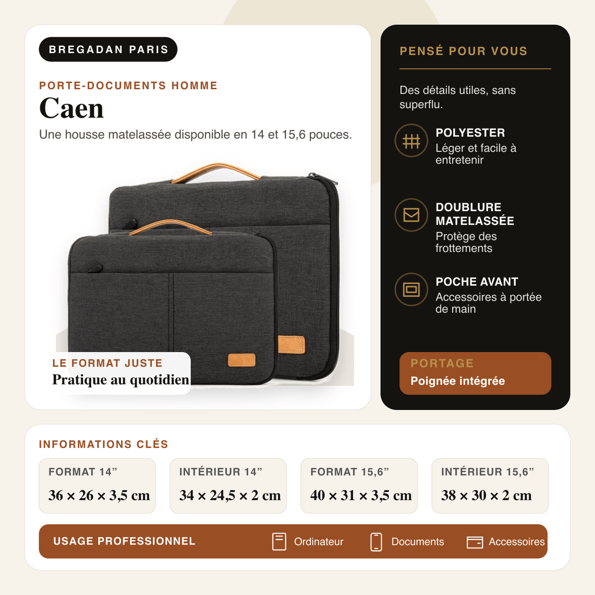 Caen — infographie Bregadan V3 : une housse matelassée disponible en 14 et 15,6 pouces, format 14” 36 × 26 × 3,5 cm