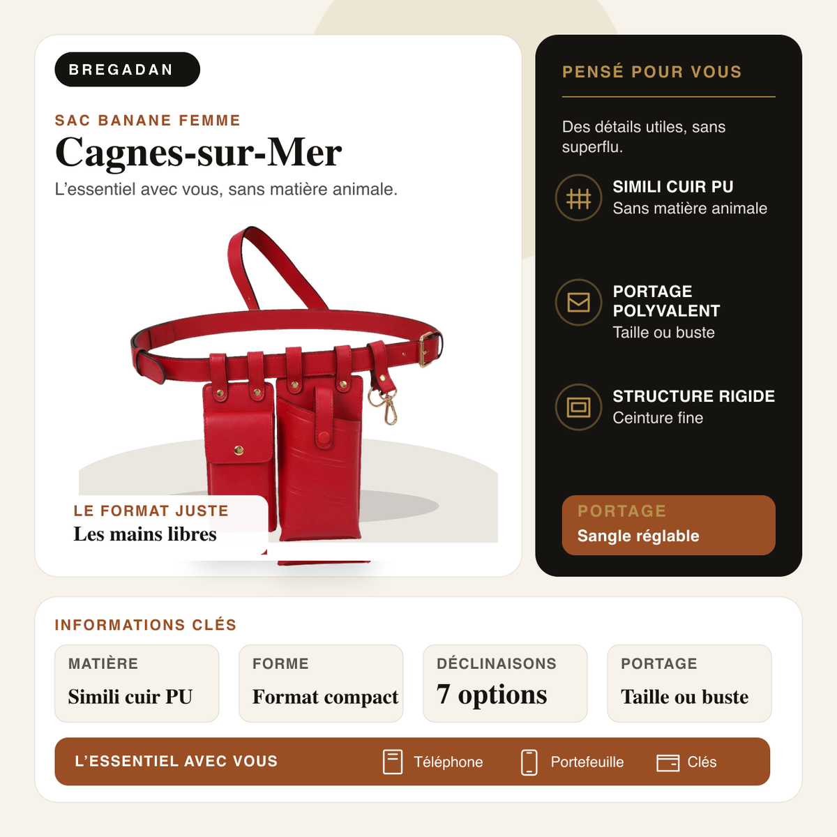 Cagnes-sur-Mer — infographie Bregadan V3 : Simili cuir PU, portage taille ou buste
