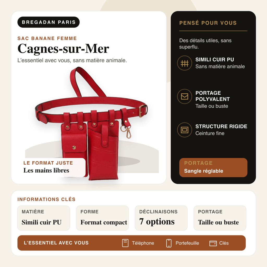 Cagnes-sur-Mer — infographie Bregadan V3 : Simili cuir PU, portage taille ou buste