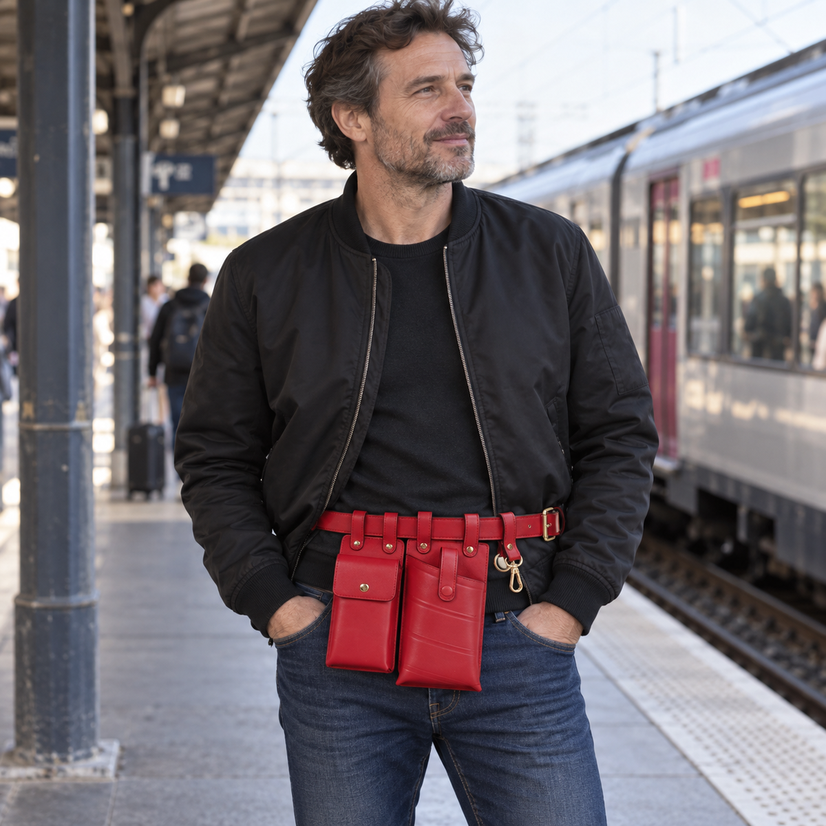 Cagnes-sur-Mer - Sac banane simili cuir, ceinture fine — photo portée naturelle, quai de gare