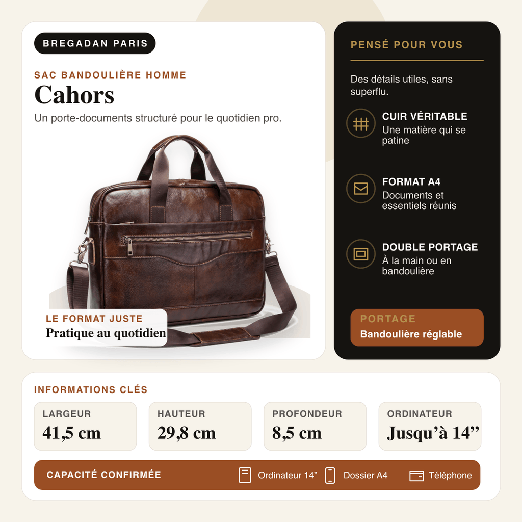 Cahors — infographie Bregadan V3 : Un porte-documents structuré pour le quotidien pro; largeur 41,5 cm, hauteur 29,8