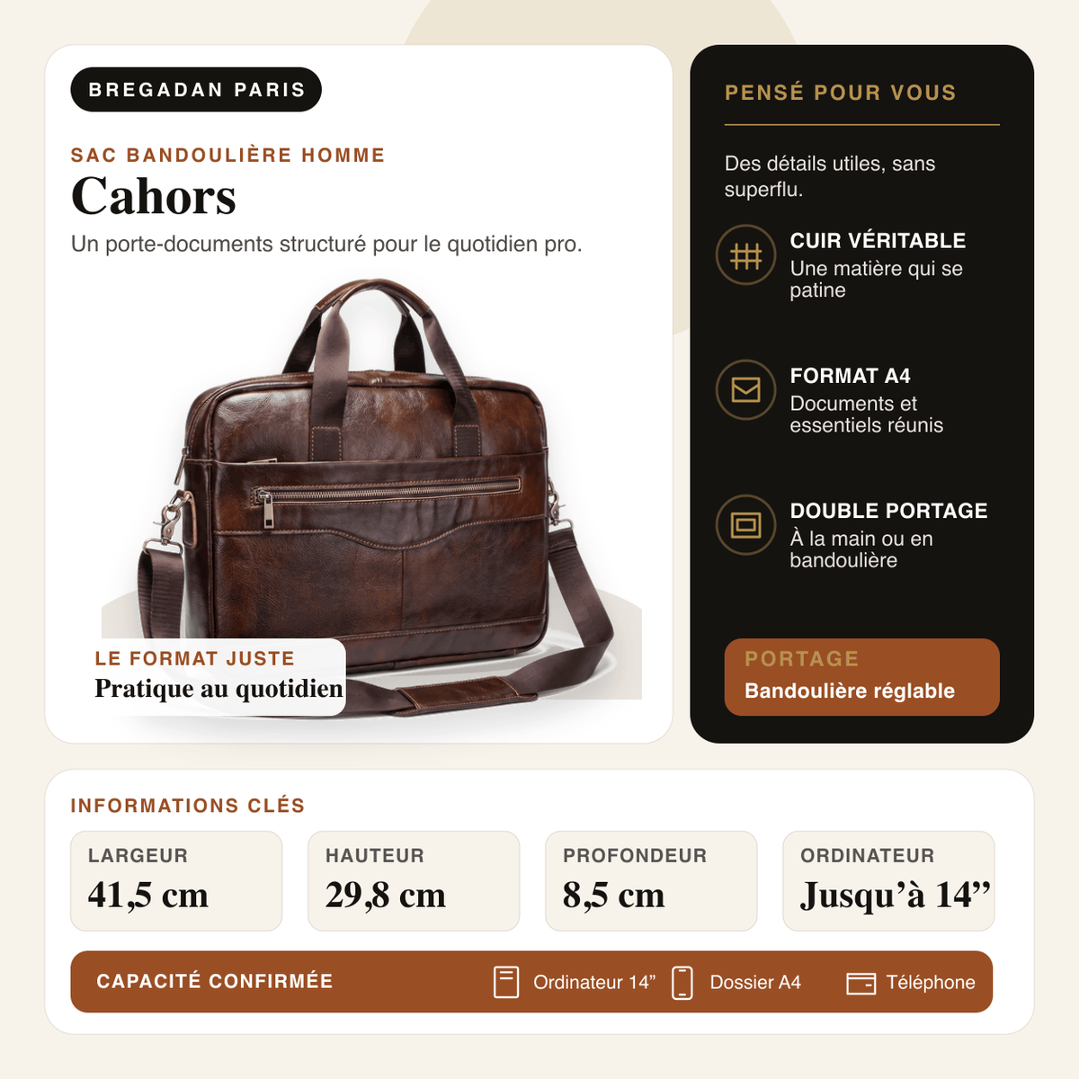 Cahors — infographie Bregadan V3 : Un porte-documents structuré pour le quotidien pro; largeur 41,5 cm, hauteur 29,8