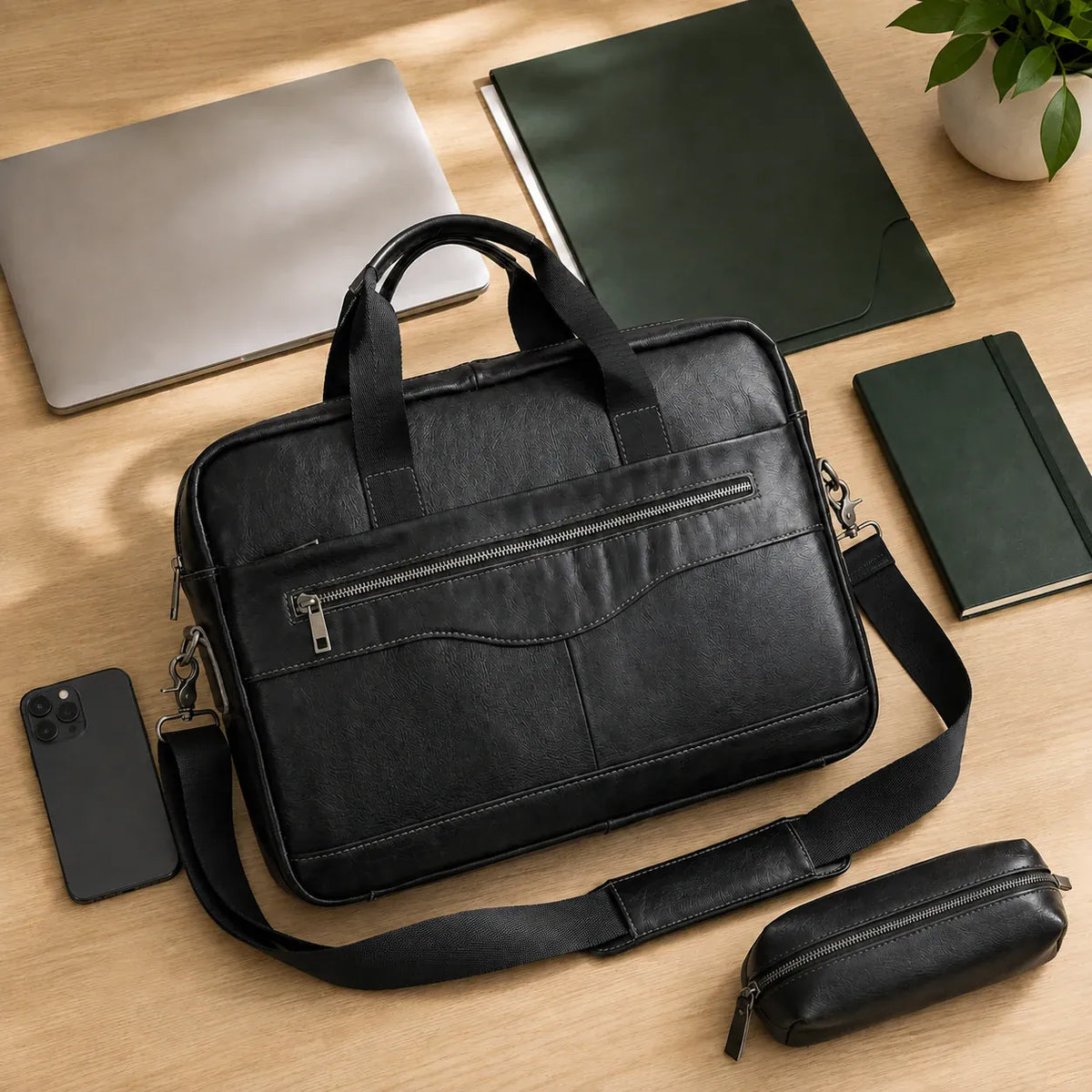 Porte-documents Cahors noir avec ordinateur, dossier, carnet, téléphone et pochette