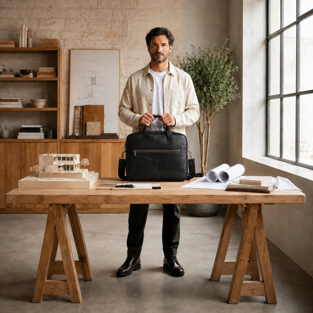 Porte-documents Cahors noir présenté dans un studio d’architecte contemporain
