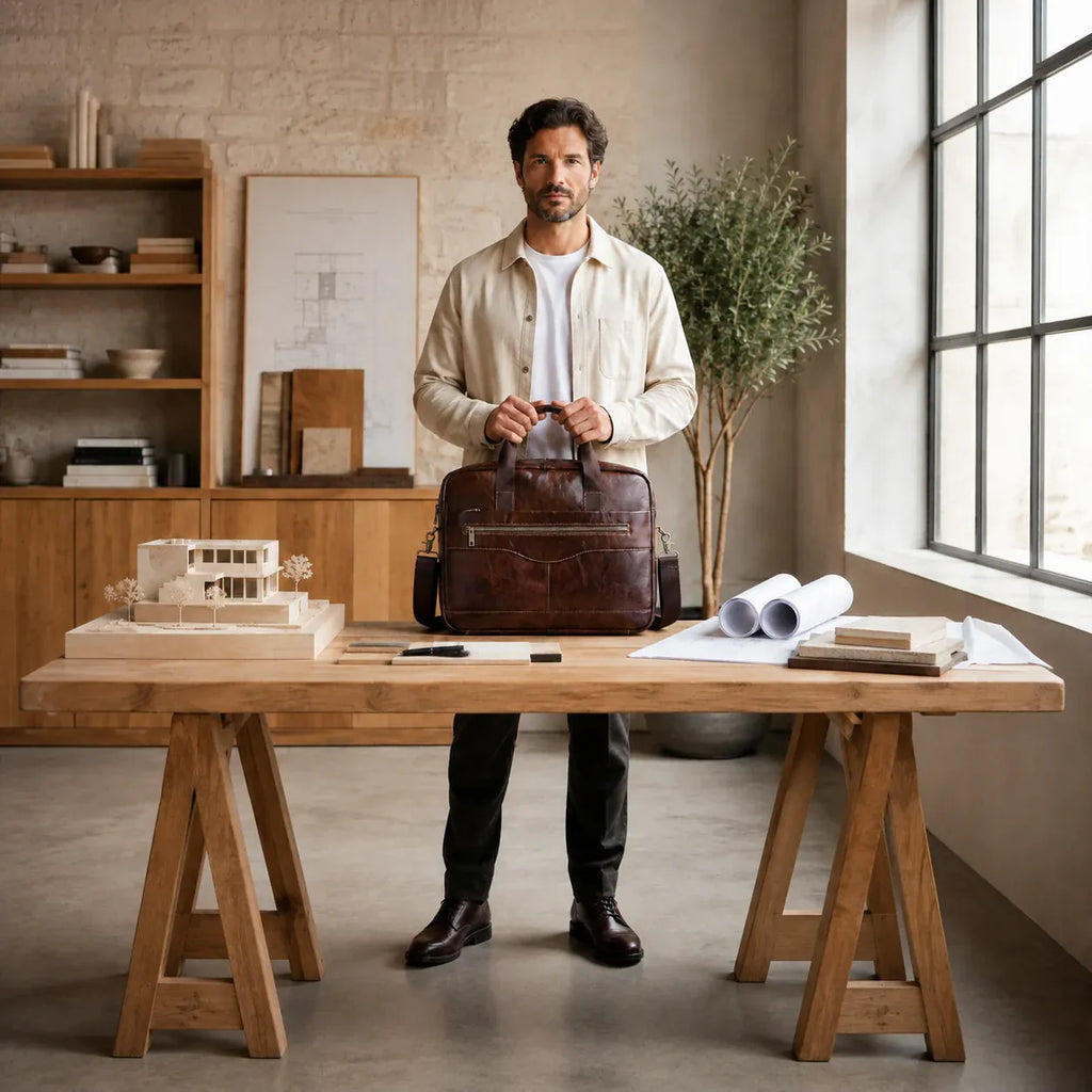 Porte-documents Cahors brun tenu par un architecte dans un studio contemporain