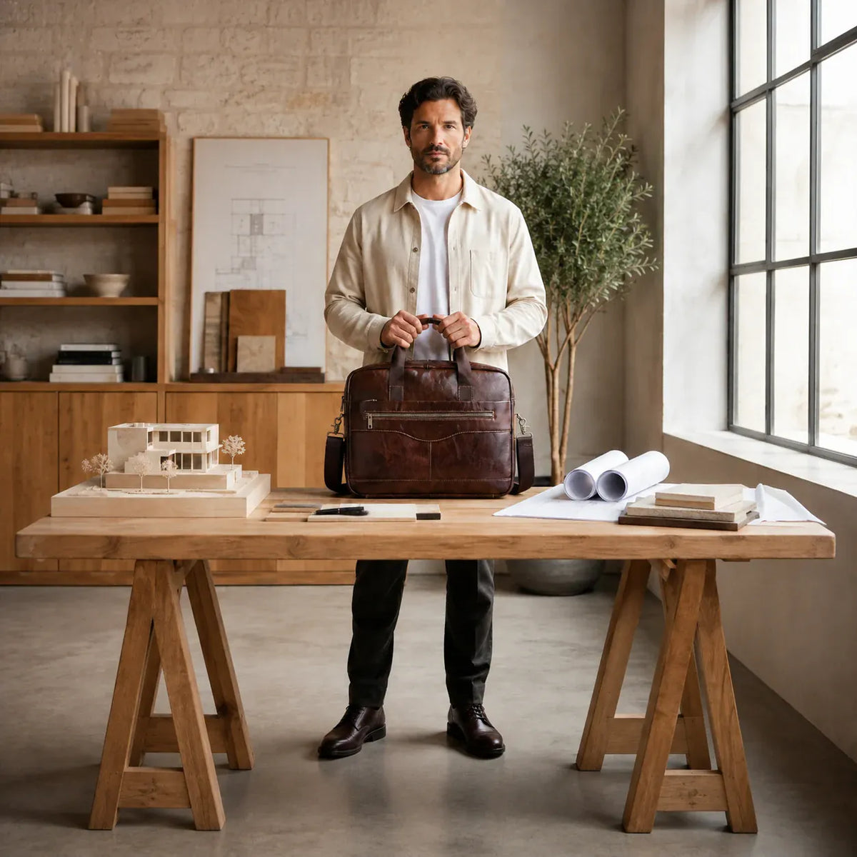 Porte-documents Cahors brun tenu par un architecte dans un studio contemporain