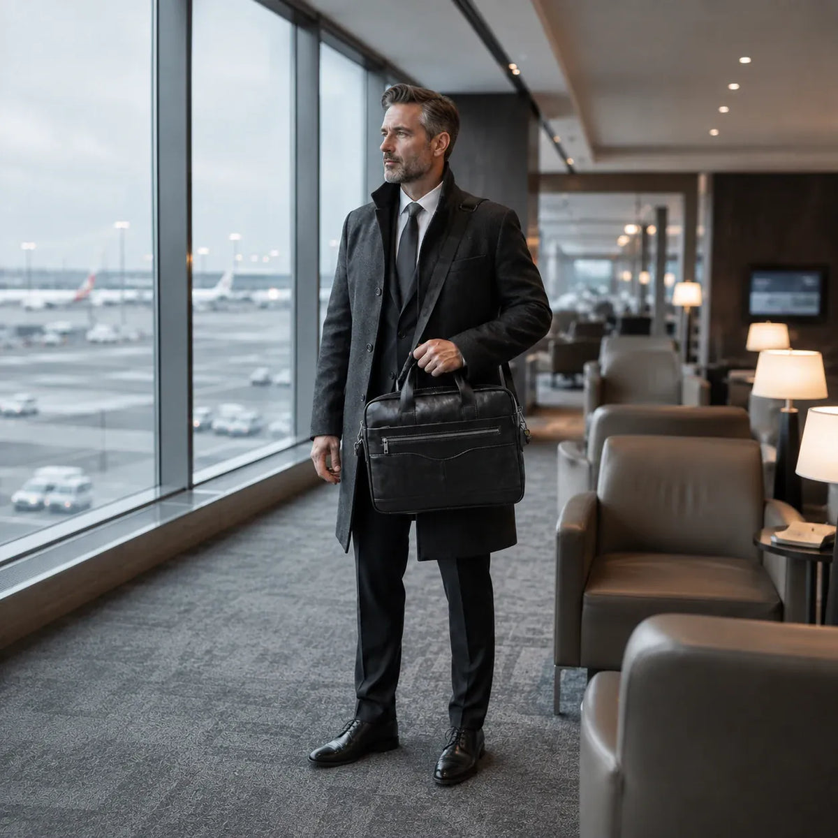 Porte-documents Cahors noir porté par un cadre dans un salon d’aéroport