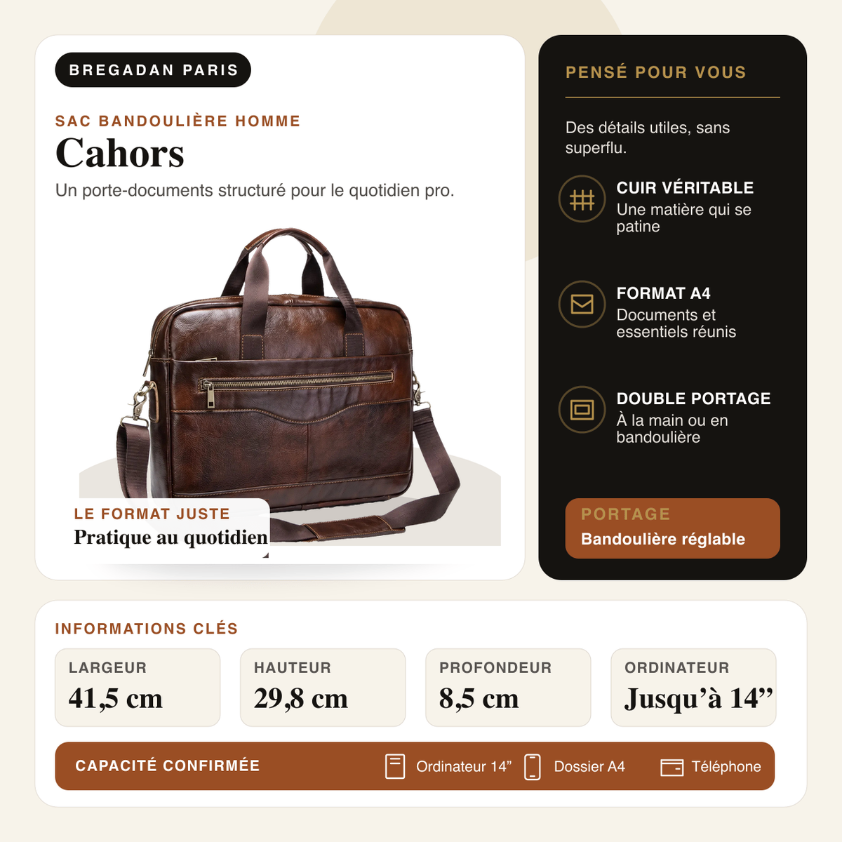 Cahors — infographie Bregadan V3 : Un porte-documents structuré pour le quotidien pro; largeur 41,5 cm, hauteur 29,8