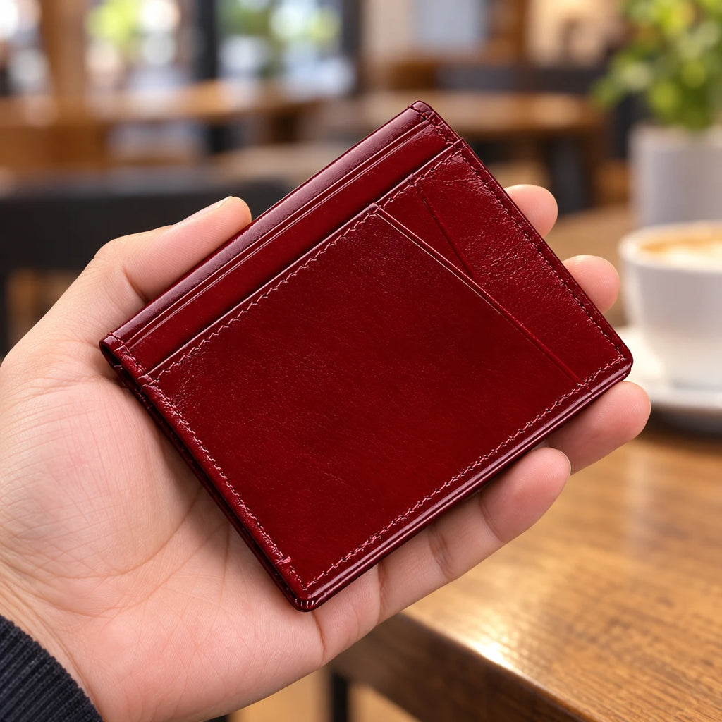 Calais — portefeuille bordeaux tenu en main