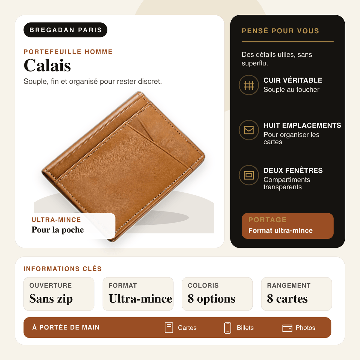 Calais — infographie Bregadan V3 : cuir véritable, 8 emplacements, 2 fenêtres et format ultra-mince