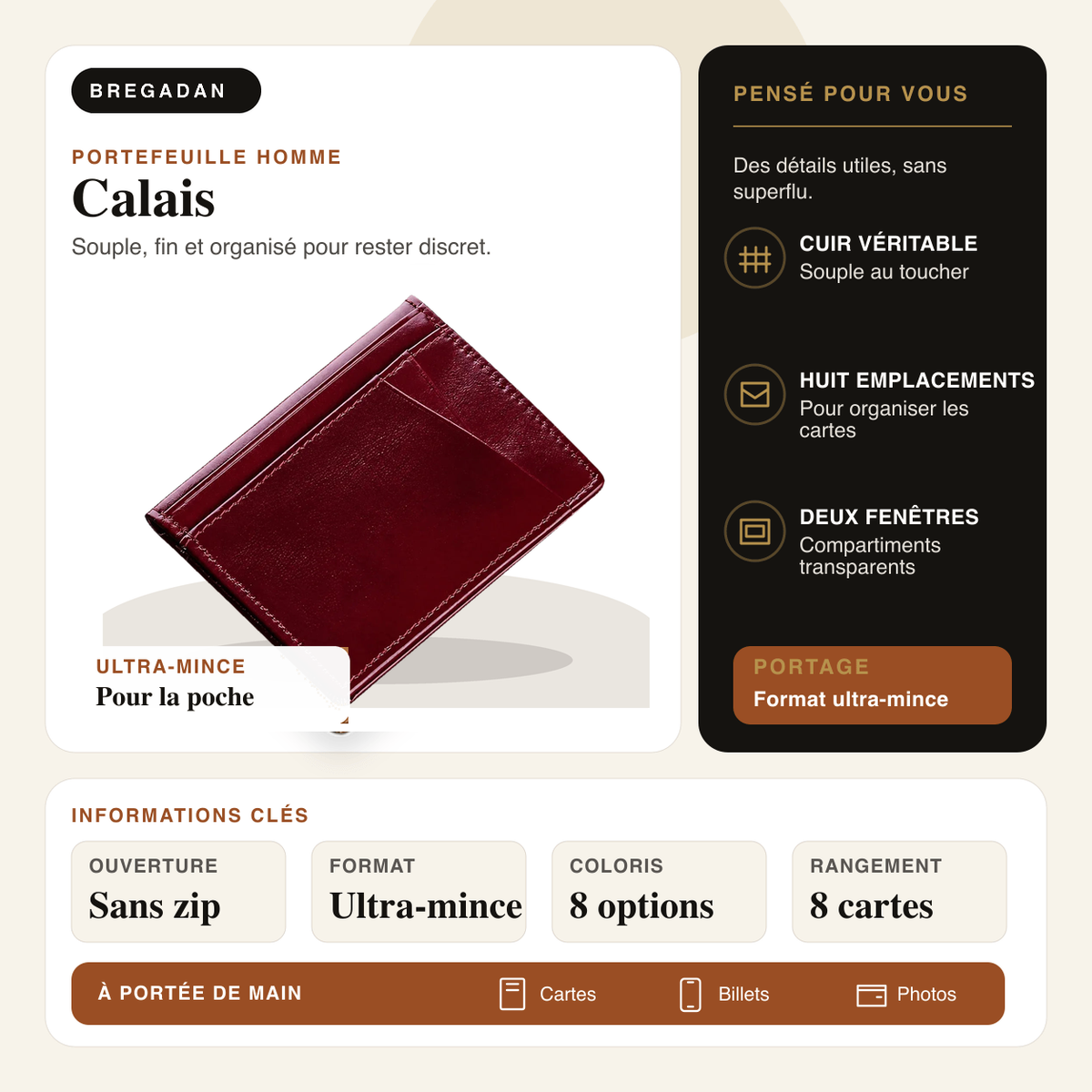 Calais — infographie Bregadan V3 : cuir véritable, 8 emplacements, 2 fenêtres et format ultra-mince