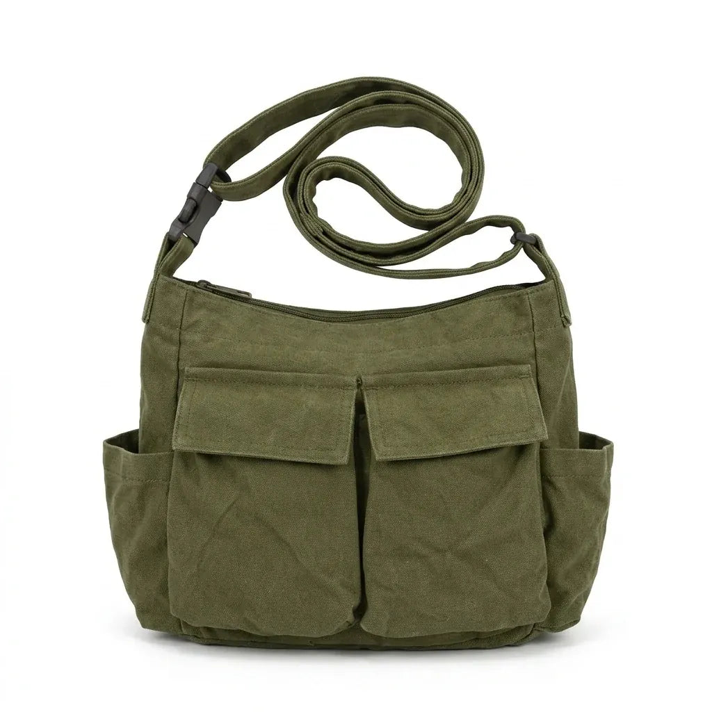 Caluire-et-Cuire - Sac porté épaule en toile, ligne vintage - packshot sur fond blanc, coloris vert olive